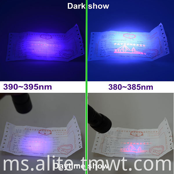 Borong 9 LED Lampu suluh UV 365nm 385nm 395nm aluminium aloi aloi mini blacklight keychain 9 lampu suluh LED dengan kilang